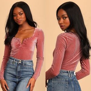 NWT LULUS Ready To Go Out Rusty Rose Velvet Striped Long Sleeve Bodysuit